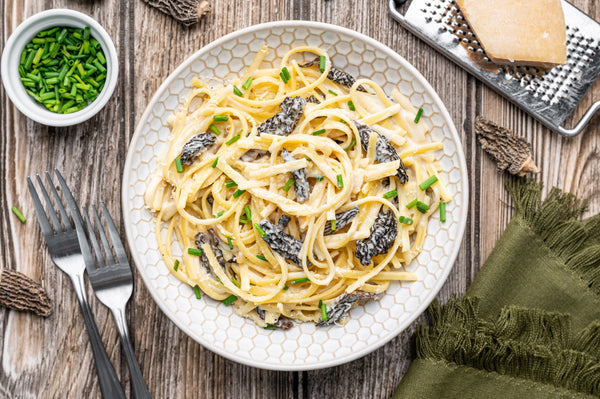 pasta with morel mushrooms and cream sauce in a plate on wooden table