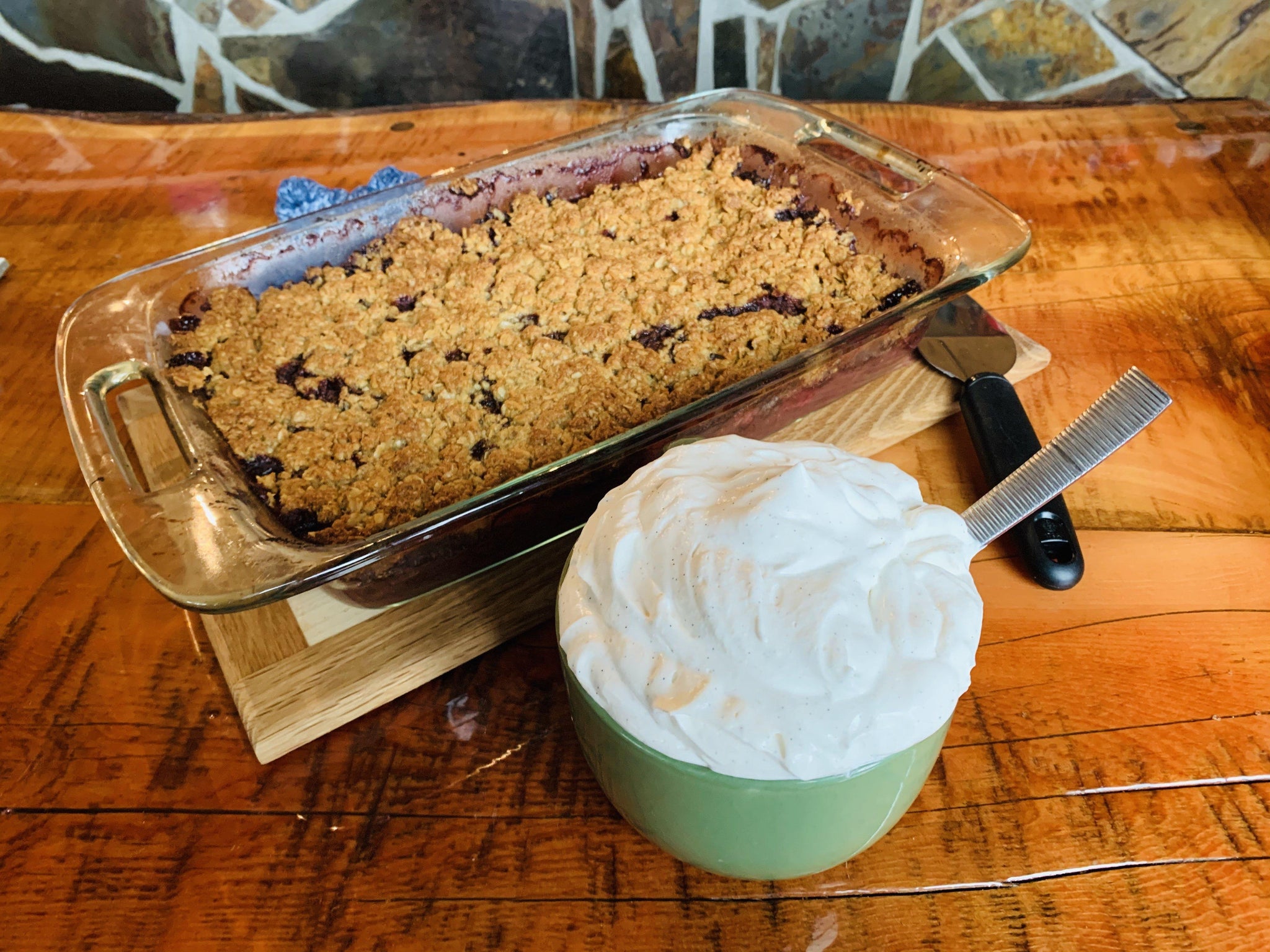 Warm Strawberry, Apple, and Acai Crisp with Maple Nutmeg Cream