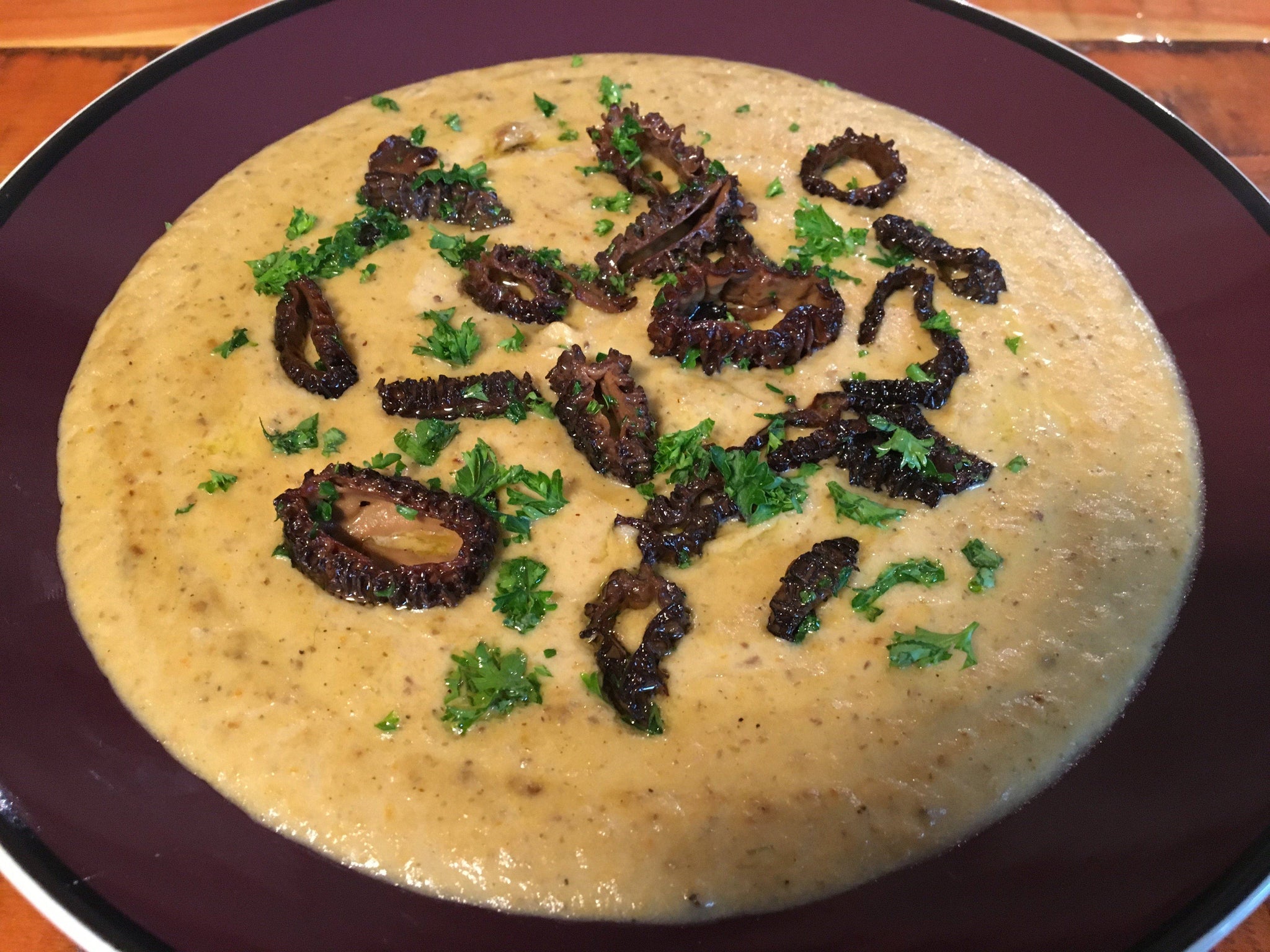 Creamy Green Garlic Soup with Sautéed Morel Mushrooms