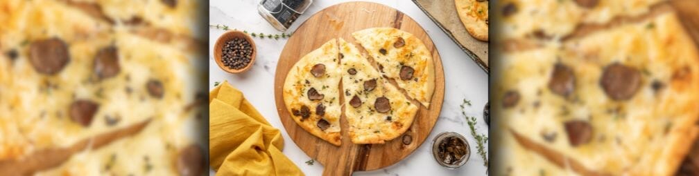 Easy Flatbread Pizza with Black Truffles, Mozzarella, and White Truffle Oil