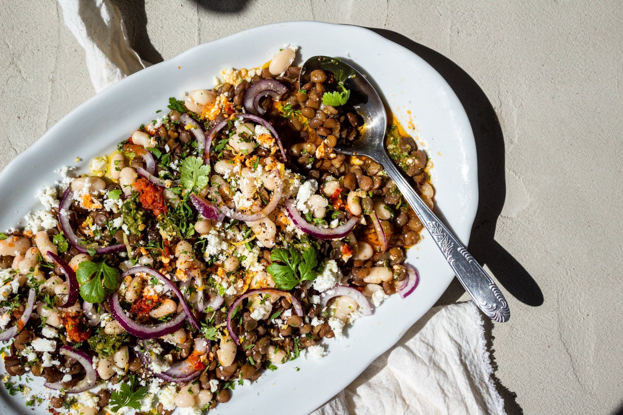 Feta with Spiced Lentils, Chickpeas and Red Onion