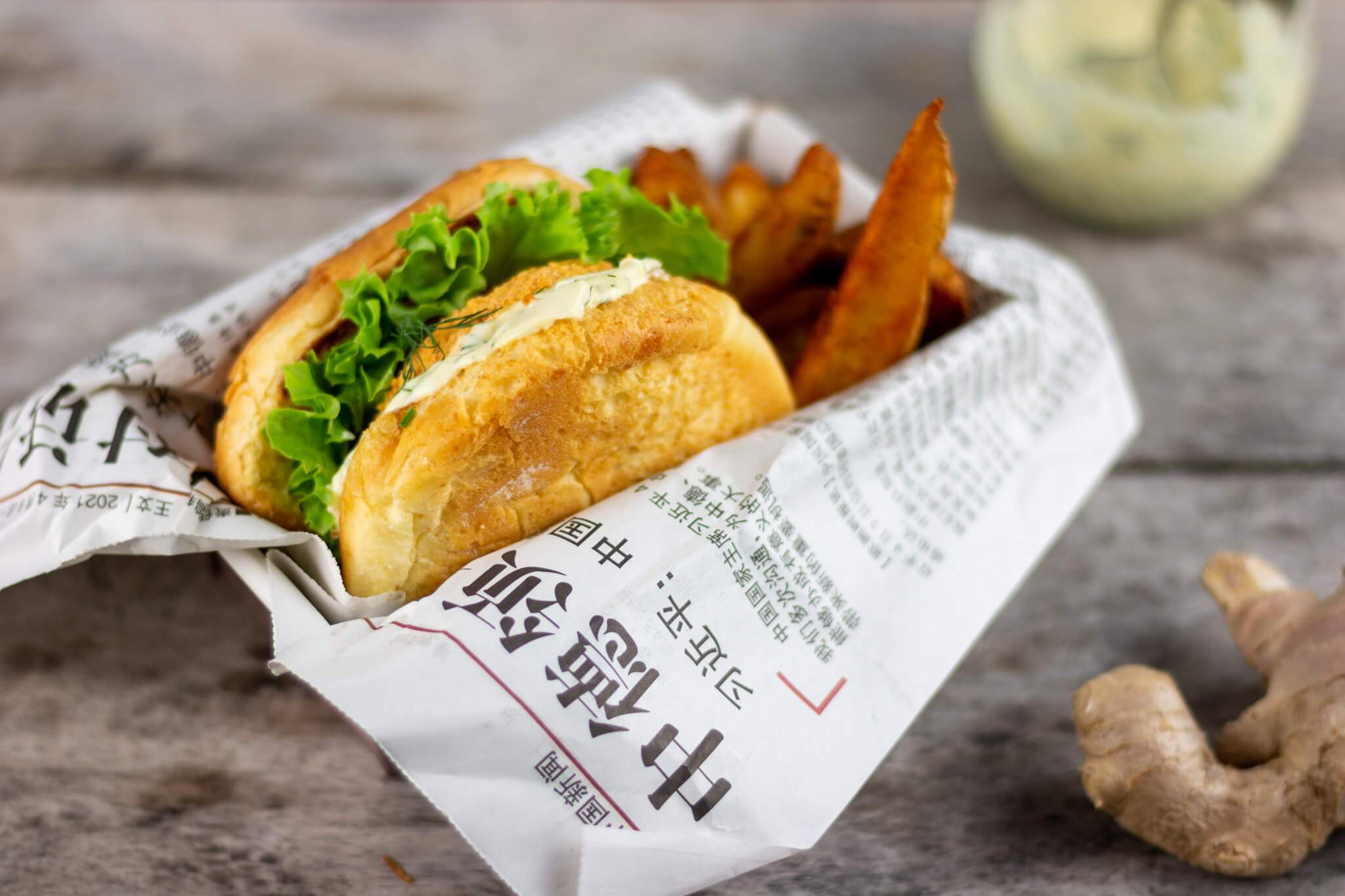Fish Filet Burgers with Ginger Saffron Mayo