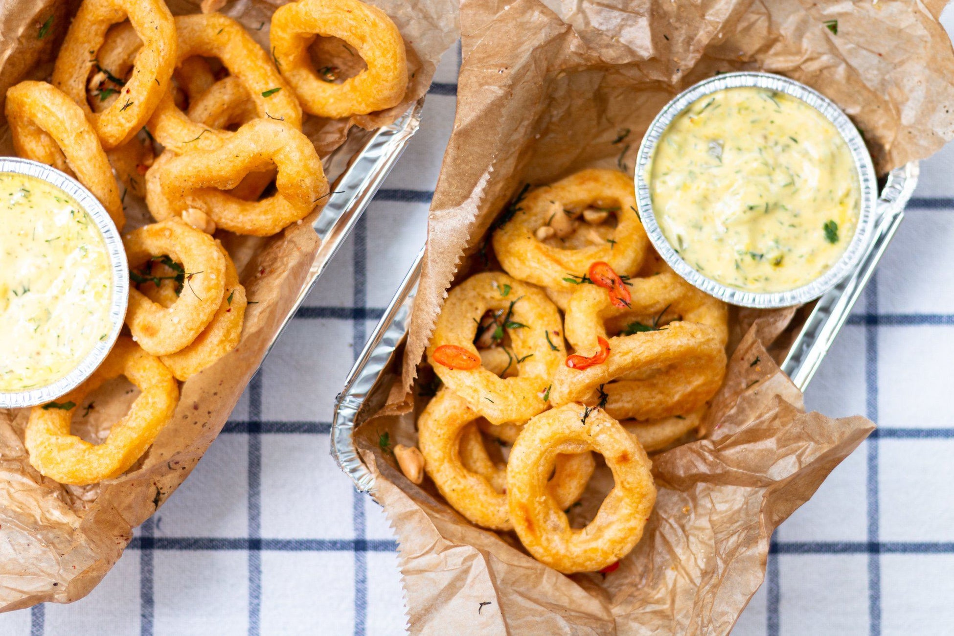 Flaky sea salt seasoned calamari with remoulade