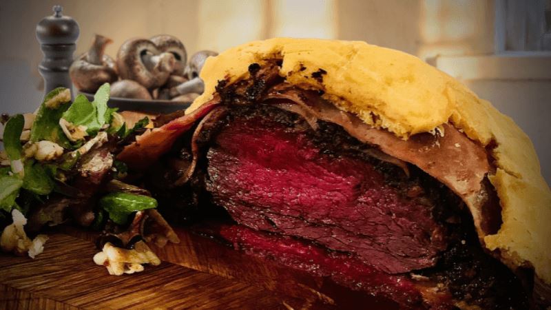 Gluten Free Beef Wellington with Wild Mushrooms, Bacon, and Shallot Jam