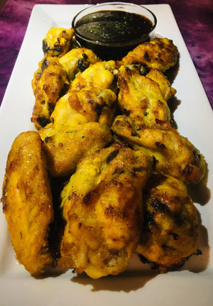 Lemon Saffron Chicken Wings with Pomegranate Dipping Sauce