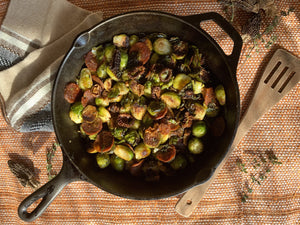 Lemon Scented Roasted Brussels Sprouts with Chorizo and Morels