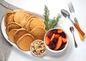 Sweet Potato Pancakes with Peach-Berry Compote and Rosemary Whipped Cream